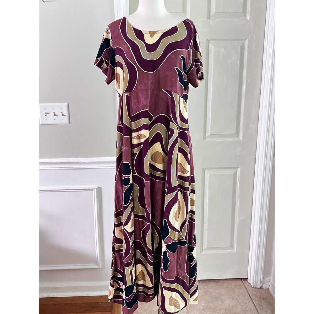 Java Lava Maxi Dress Large Womens Batik Abstract Floral Burgundy Boho Art Wear